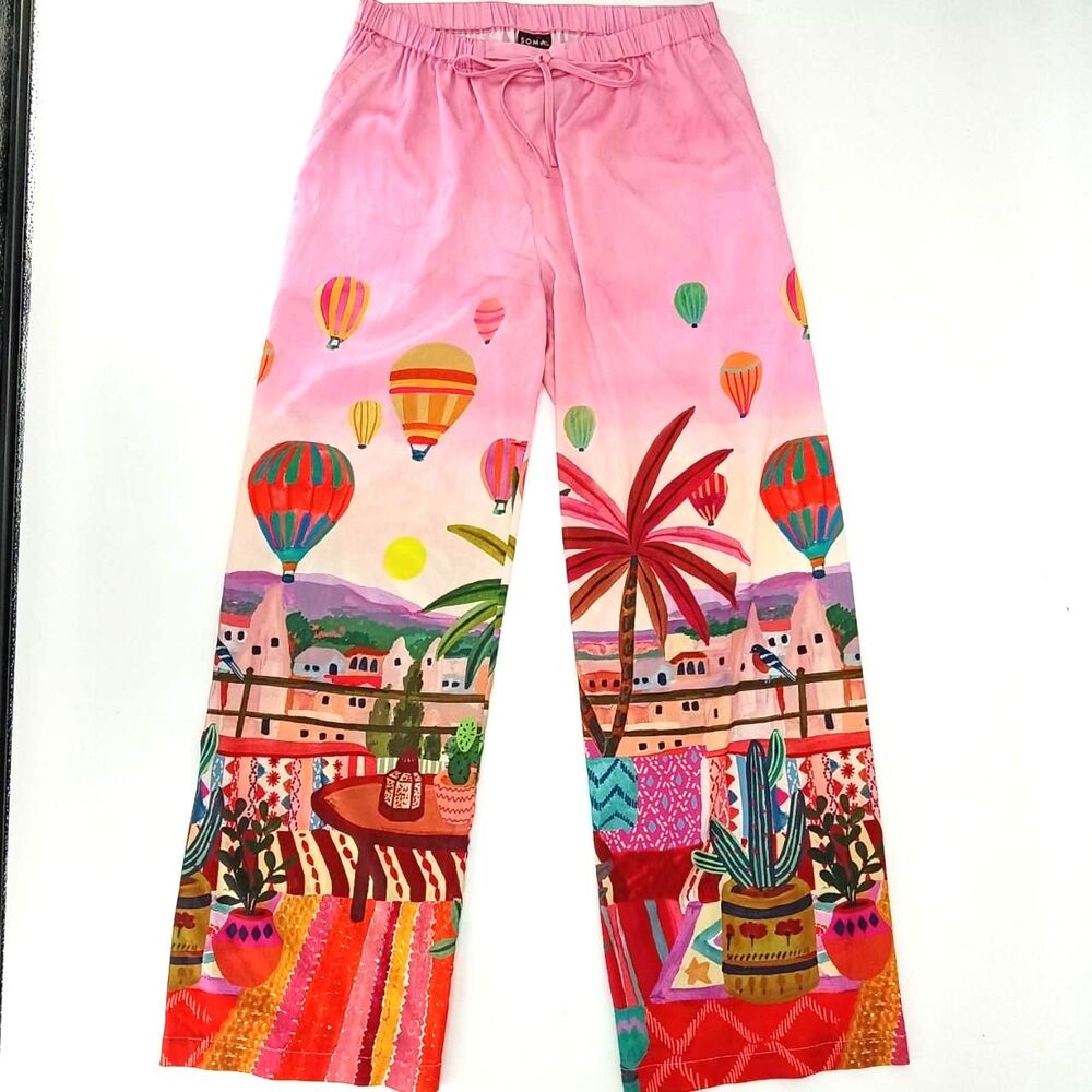 Wide Leg Boho Lounge Pants Pink Hot Air Balloon XS Maximalist Art to Wear